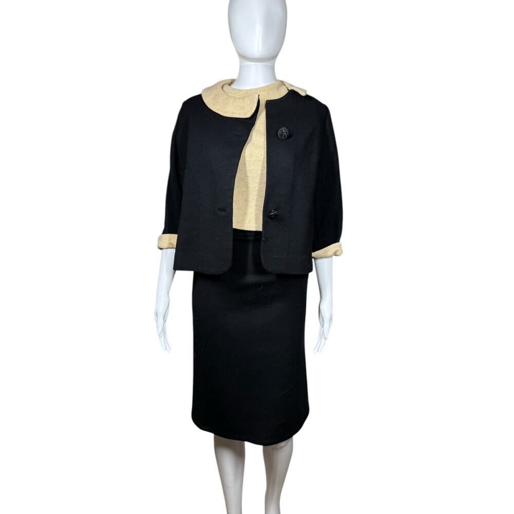 Vintage 60s 100% Wool Metallic Gold Black 3 Piece Skirt Set Size 2 / 4